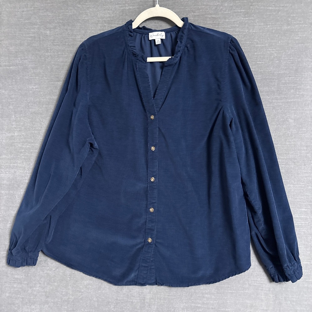 Wonderly Top XXL Blue Cotton Corduroy Ruffle Collar Button Down Casual Fall